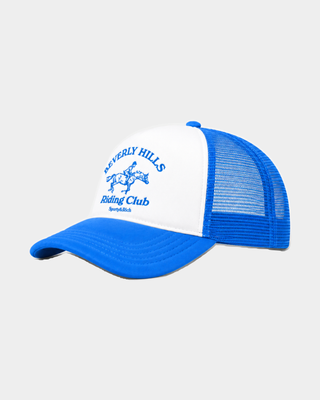 Mika BH Riding Club Trucker Hat in white and true blue with a snapback closure.