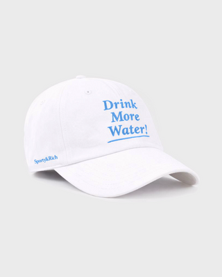 Mimo Drink More Water Kids Hat - White: a comfortable white baseball cap with blue Drink More Water! embroidery.