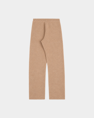 S Logo Cashmere Trousers in camel: tan wide-leg knit style with an embroidered hip logo and drawstring waist.