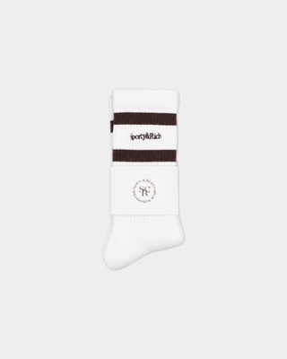 Saori Serif Logo Socks - White/Chocolate: comfortable, breathable white crew socks with two brown stripes on the cuff.