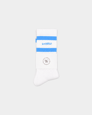 Saori Serif Logo Socks in white with two blue stripes and blue text on the cuffs.