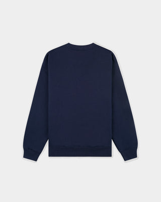 Dark navy Eeva Serif Logo Embroidered Crewneck featuring embroidered text on the upper left chest, laid flat on a white background.