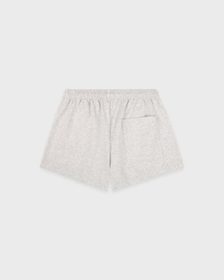 Heather gray Lucy Serif Logo Embroidered Disco Short, crafted from 100% cotton with an elastic waistband and side pockets, displayed on a white background—perfect sporty lounge shorts for comfortable everyday wear.