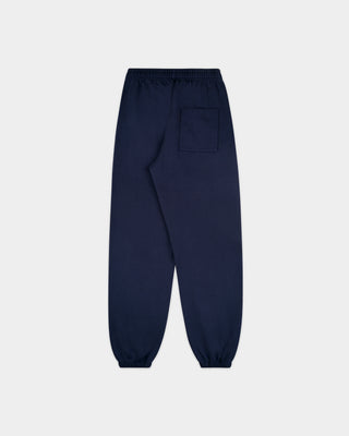 Brianno Serif Logo Embroidered Jogger in Dark Navy, featuring an elastic waistband and cuffs with a small white embroidered logo on the left thigh—a classic jogger inspired by the iconic Sporty & Rich sweatpant.