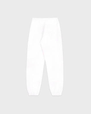 The Brianno Serif Logo Embroidered Jogger in White features elastic cuffs and waistband, front pockets, and a small embroidered Sporty & Rich logo on the left hip, offering a classic jogger fit inspired by their iconic sweatpants.