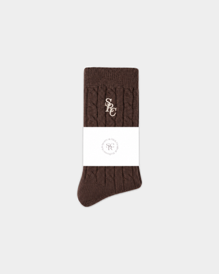 Sidi SRC Cashmere Cableknit Socks - Chocolate: soft, dark brown cable-knit socks with an embroidered white SRC logo.