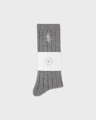 Sole SRC Wide Rib Cashmere Socks in medium heather gray, featuring a ribbed texture and an embroidered cuff monogram.