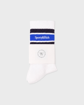 Sue Serif Logo Socks - White/Navy/Vibrant Blue: white cotton socks with navy and blue stripes and ribbed cuffs.