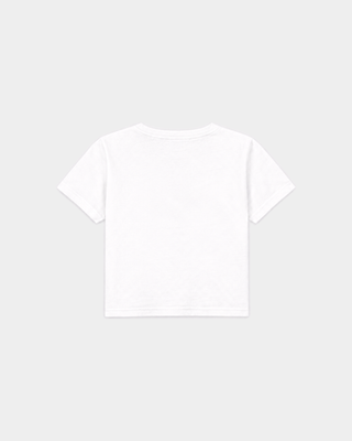 Venus BH Riding Club Micro Tee in white, a ’90s-inspired fitted crop top with a blue horse and rider graphic.