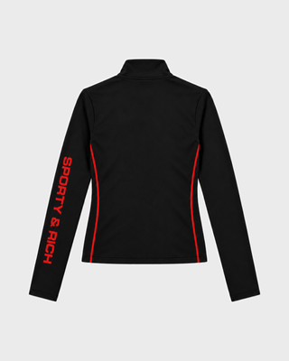 Vilma Bold Logo Alpine Quarter Zip - Black thermal long-sleeve with red side stripes and red text on the right sleeve.