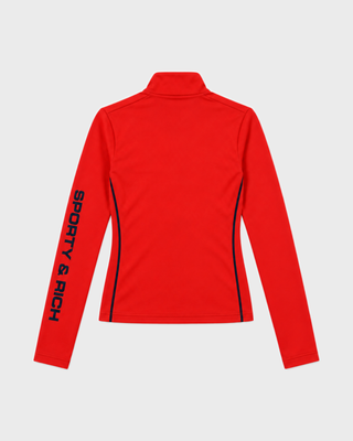 Vilma Bold Logo Alpine Quarter Zip - Rosso red thermal top with black side stripes and text on the left sleeve.