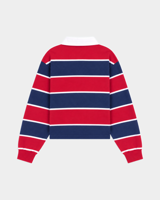 Blondie Serif Logo Rugby Polo in Dark Navy, Ruby, and White, crafted from heavyweight cotton, features a classic white collar and the Sporty & Rich logo on the chest for a vintage collegiate feel.