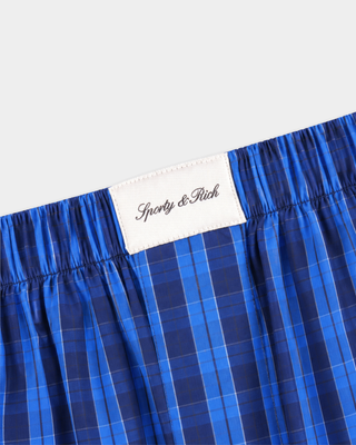 Aya Signature Logo Poplin Skirt - Blue Check: a boxy mini skirt in cotton poplin with an elastic waistband.