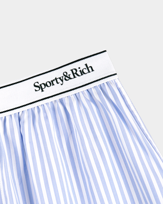Beth Serif Logo Boxer - Light Blue Striped boxer shorts with a white elastic waistband featuring black text.