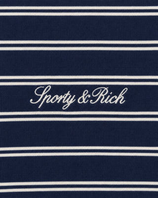 Introducing the Edgar Signature Logo Polo Top in Navy Stripe/White—a men’s relaxed fit polo featuring navy and white stripes, a classic white collar, and signature embroidered text on the chest, made from breathable cotton.