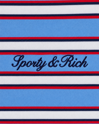 Fale Signature Logo Easy Longsleeve - Blue Red Striped features a relaxed fit with red, white, and blue horizontal stripes and a contrasting blue collar on a crisp white background. This easy longsleeve is the perfect layering piece for casual outfits.