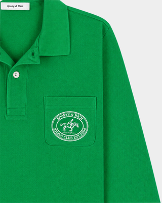 Kelly Perry Riding Club Longsleeve Pique Polo with a chest pocket and a circular logo patch.
