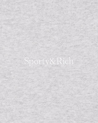 Heather gray Lucy Serif Logo Embroidered Disco Short, crafted from 100% cotton with an elastic waistband and side pockets, displayed on a white background—perfect sporty lounge shorts for comfortable everyday wear.
