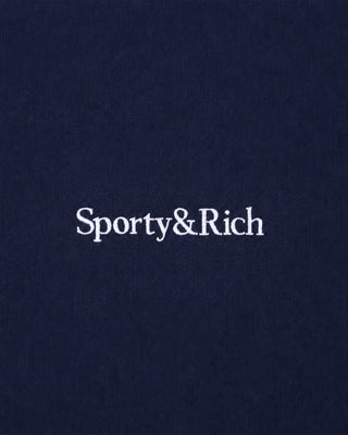 Brianno Serif Logo Embroidered Jogger in Dark Navy, featuring an elastic waistband and cuffs with a small white embroidered logo on the left thigh—a classic jogger inspired by the iconic Sporty & Rich sweatpant.