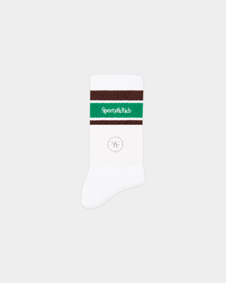 Sue Serif Logo Socks in white, Kelly green, and chocolate brown, featuring a cuff logo and comfortable stretch.