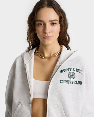 Varsity Crest Cropped Zip Hoodie - Heather Gray/Forest