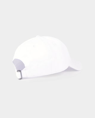 Maeve Health is Wealth Hat - White: a vintage baseball cap with an adjustable back and blue embroidered text.
