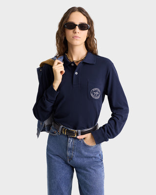 Riding Club Longsleeve Pique Polo - Navy/Cream