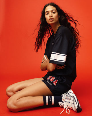 Serif Logo Mesh Jersey - Navy/White