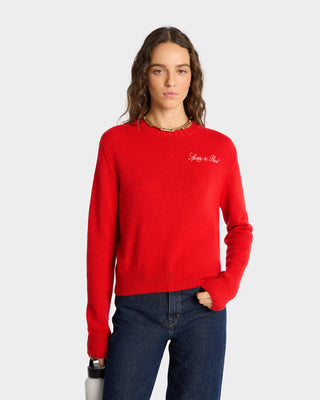 Vendome Script Cashmere Crewneck - Ruby/White