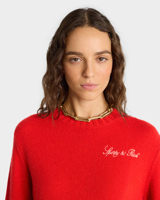 Vendome Script Cashmere Crewneck - Ruby/White