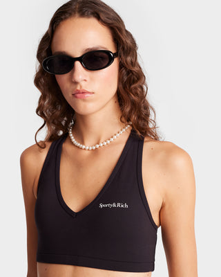 Serif Logo V Neck Sports Bra - Black/White