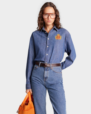 NY Crest Oversized Denim Shirt - Blue Denim