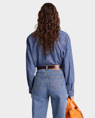 NY Crest Oversized Denim Shirt - Blue Denim