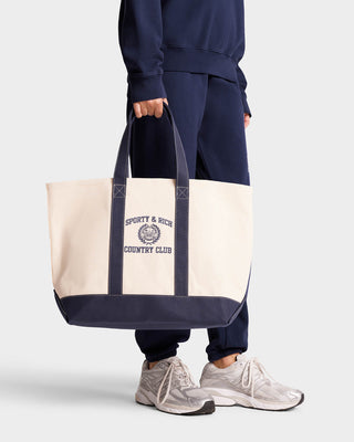 Varsity Crest Tote Bag - Natural/Navy