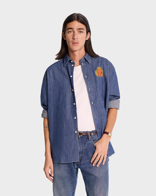 NY Crest Oversized Denim Shirt - Blue Denim