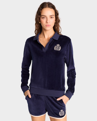 NY Crest Longsleeve Velour Polo - Navy/Cream
