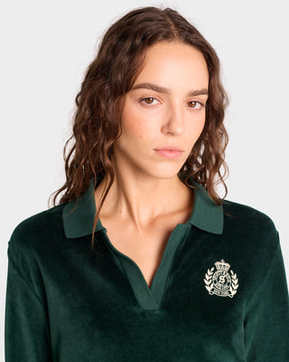 NY Crest Longsleeve Velour Polo - Forest/Cream