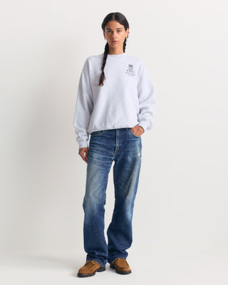 Heather Gray Emmett Srcc Crewneck with a navy blue crest logo on the chest.