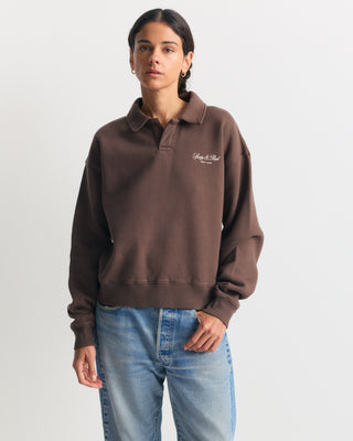 Elfa Vendome Script Embroidered Open Polo - Chocolate: an oversized brown fleece polo with a white chest logo.