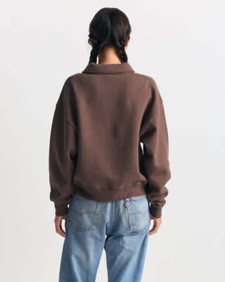 Elfa Vendome Script Embroidered Open Polo - Chocolate: an oversized brown fleece polo with a white chest logo.