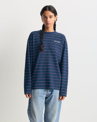 Fale Signature Logo Easy Longsleeve - Dark Navy/ Kelly /Off White striped relaxed-fit shirt with chest embroidery.