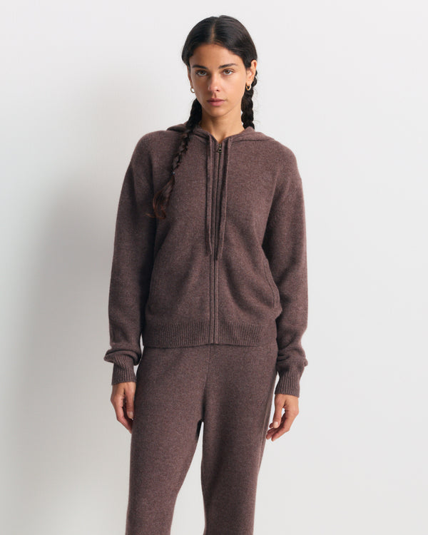 Chocolate Isac S Logo Cashmere Zip Hoodie with a hood, drawstrings, and front pockets.
