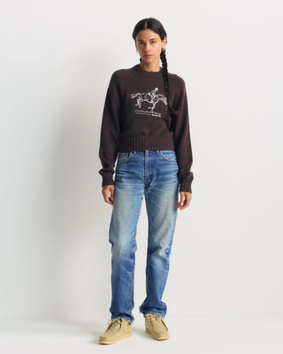 Jadene Horse Knitted Boxy Sweater in chocolate, featuring a white embroidered graphic of a person riding a horse.