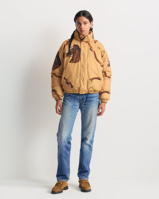 Dustin Vendome Snow Puffer - Camel: tan puffer jacket with a brown horse head and bridle print.