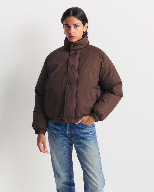 Dustin Vendome Snow Puffer - Chocolate in dark brown with a high collar, snap-button closure, and chest logo.