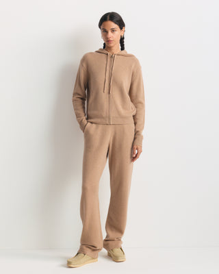 S Logo Cashmere Trousers in camel: tan wide-leg knit style with an embroidered hip logo and drawstring waist.