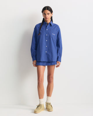Coco Signature Logo Oversized Shirt in a relaxed-fit, long-sleeved blue checkered button-down style with a pocket.