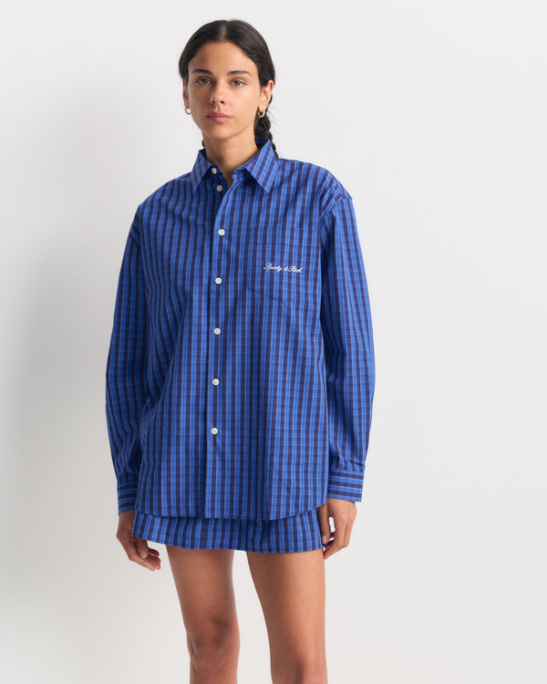 Coco Signature Logo Oversized Shirt in a relaxed-fit, long-sleeved blue checkered button-down style with a pocket.