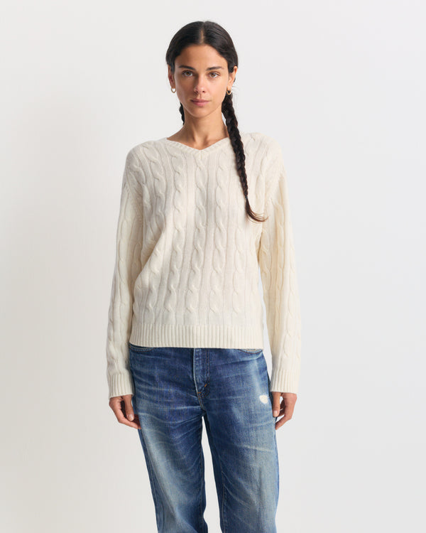 Ivan SRC V-Neck Cashmere Cable Sweater in cream-colored cashmere-wool blend.