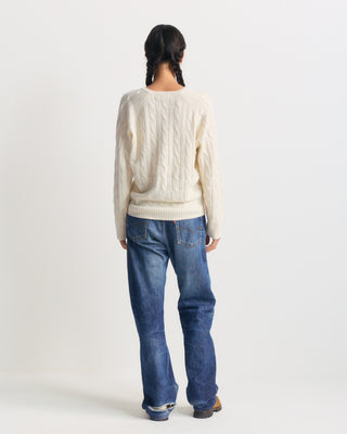 Ivan SRC V-Neck Cashmere Cable Sweater in cream-colored cashmere-wool blend.